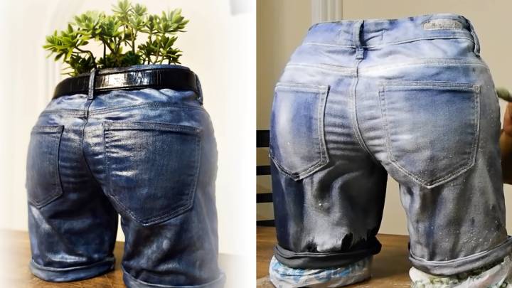 Спасибо соседу за блестящую идею! Отрезала штанины у джинсов и залила цементом