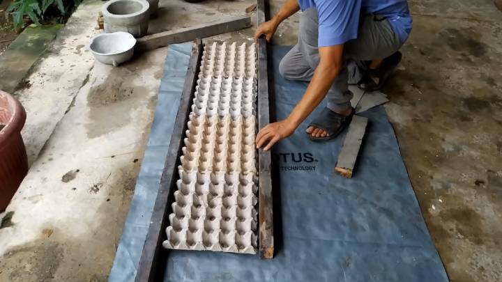 Положила яичные лотки на пол и залила цементом. Идея-находка для участка